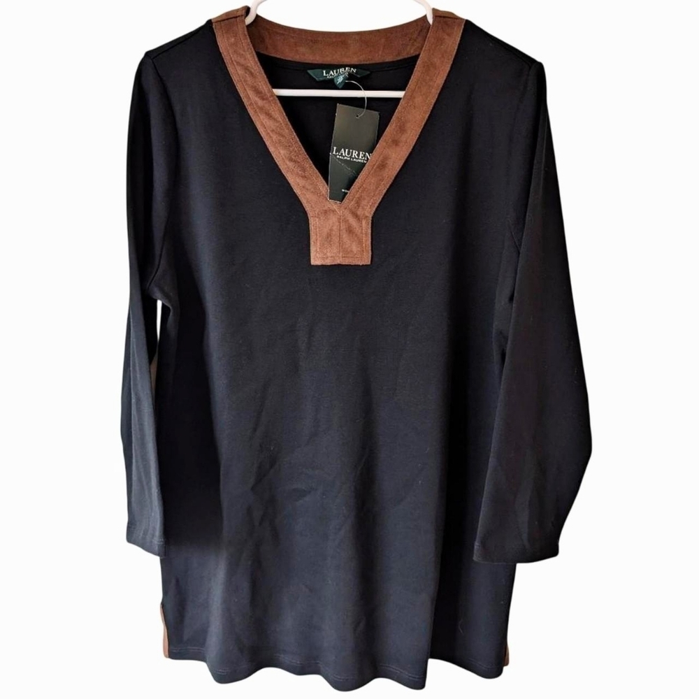 Lauren Ralph Lauren long sleeve v-neck top with suede details